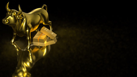 Golden bull statue with gold bars on dark background symbolizing bullish market investment wealth financial strength trading success and economic growthの写真素材