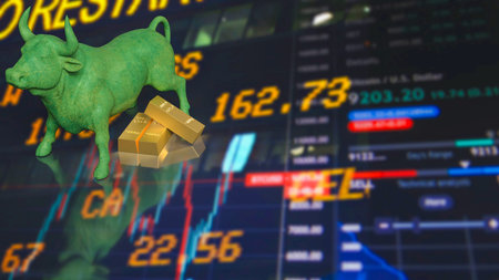 Green bull statue with gold bars in front of digital stock market chart representing bullish trend investment growth finance trading wealth and economic successの写真素材