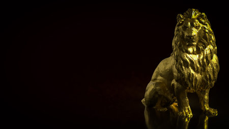 Luxury 3D golden lion statue on dark background, representing power, leadership, strength, success, wealth, confidence, authority, and premium business or investment concept.の写真素材