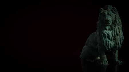 Dark green 3D lion statue on black background, representing strength, resilience, authority, leadership, stability, wisdom, and powerful presence for luxury branding, business symbolism, or inspirational visual concepts.の写真素材