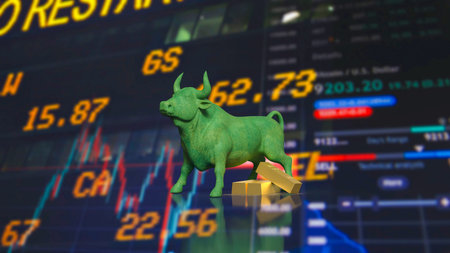 Green bull statue with gold bars in front of digital stock market chart representing bullish trend investment growth finance trading wealth and economic successの写真素材