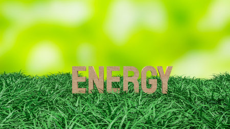 Wooden energy text standing on green grass representing renewable power sustainability clean environment eco friendly concept nature background for green business and environmental technologyの写真素材