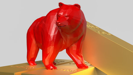Red bear statue standing on gold bars representing bear market risk economic downturn financial uncertainty investment loss trading volatility and market declineの写真素材