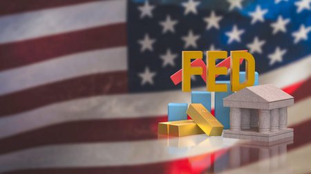 Gold bars bank building and rising chart with fed text and usa flag representing monetary policy interest rates economic growth inflation control and investment strategyの写真素材