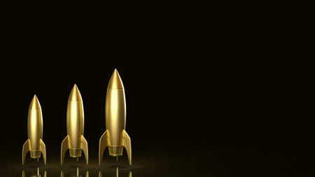 Elegant 3D illustration of three golden rockets in ascending sizes on dark background, symbolizing...