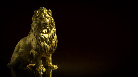 Luxury 3D golden lion statue on dark background, representing power, leadership, strength, success, wealth, confidence, authority, and premium business or investment concept.の写真素材