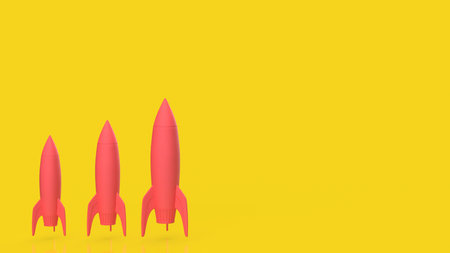Minimal 3D illustration of three red rockets in different sizes on yellow background, representing...