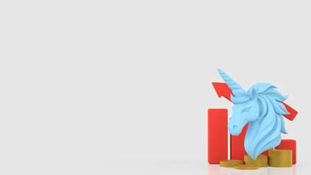 3D illustration of blue unicorn with rising bar chart, arrow and gold coins, representing financial growth, startup success, investment returns, market expansion, and innovative business performance.の写真素材