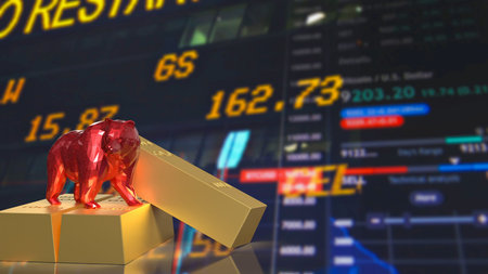 Red bear statue on gold bars with stock market chart background symbolizing bear market downturn investment risk financial volatility economic pressure and trading lossの写真素材
