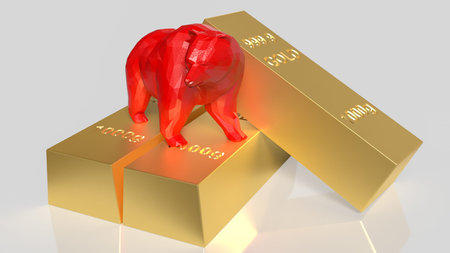 Red bear statue standing on gold bars representing bear market risk economic downturn financial uncertainty investment loss trading volatility and market declineの写真素材