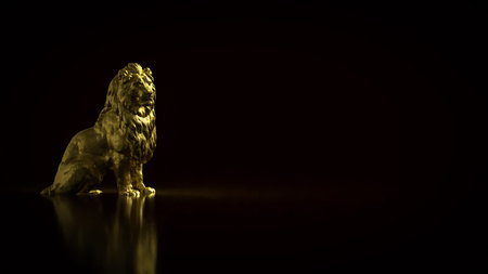 Luxury 3D golden lion statue on dark background, representing power, leadership, strength, success, wealth, confidence, authority, and premium business or investment concept.の写真素材
