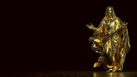 Golden Jesus Christ statue with Sacred Heart symbol representing faith love compassion and Christian spirituality isolated on dark background with dramatic lightingの写真素材