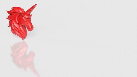 Bold red 3D unicorn sculpture on light background, representing passion, creativity, imagination, strength, confidence, innovation, and powerful expression for fantasy or inspirational visual concepts.の写真素材