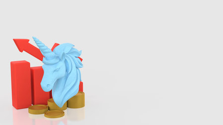 3D illustration of blue unicorn with rising bar chart, arrow and gold coins, representing financial growth, startup success, investment returns, market expansion, and innovative business performance.の写真素材