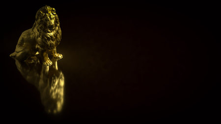 Luxury 3D golden lion statue on dark background, representing power, leadership, strength, success, wealth, confidence, authority, and premium business or investment concept.の写真素材