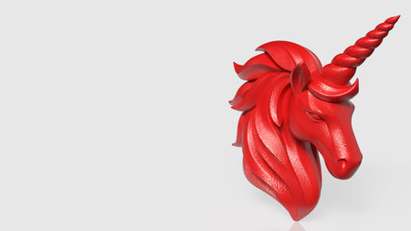 Bold red 3D unicorn sculpture on light background, representing passion, creativity, imagination, strength, confidence, innovation, and powerful expression for fantasy or inspirational visual concepts.の写真素材