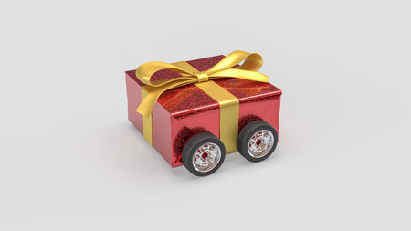3d render of a red glitter gift box shaped like a small car with gold ribbon and wheels isolated on white background festive delivery concept creative holiday presentの写真素材