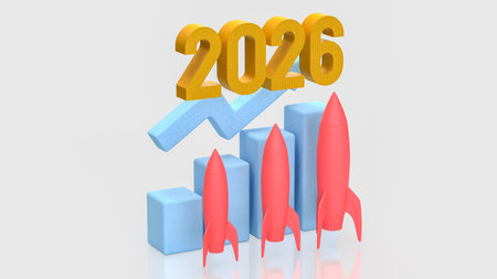 3D illustration of multiple rockets launching over rising bar chart in 2026, representing rapid...