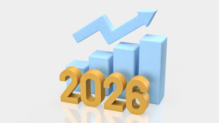 Minimal graphic showing 2026 growth trend with upward arrow and bars, representing positive business forecast, financial progress, economic success, and future market potential.の写真素材
