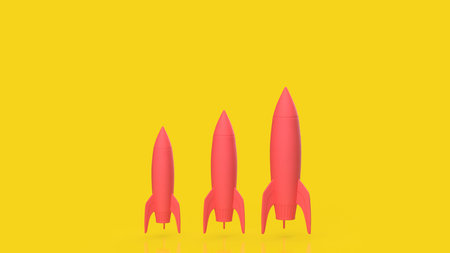 Minimal 3D illustration of three red rockets in different sizes on yellow background, representing...
