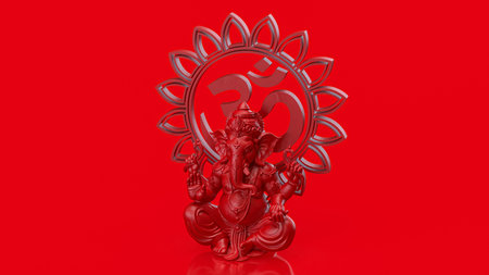 Red Ganesha statue with Om symbol on vibrant background representing spirituality prosperity wisdom...