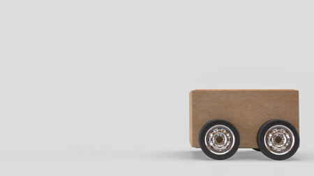 3d render of a simple wooden box shaped car with chrome wheels isolated on white background minimalist transportation concept clean design mockup for creative projectの写真素材