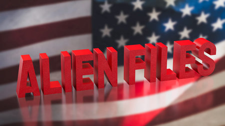 Red alien files text on blurred American flag background symbolizing government records immigration...