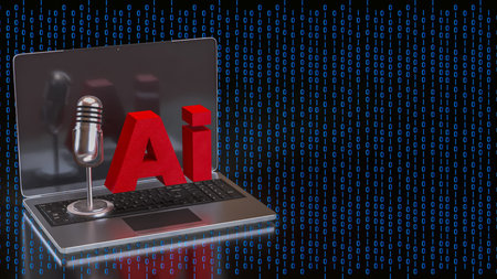 3d illustration of artificial intelligence ai text and microphone on laptop with binary code...