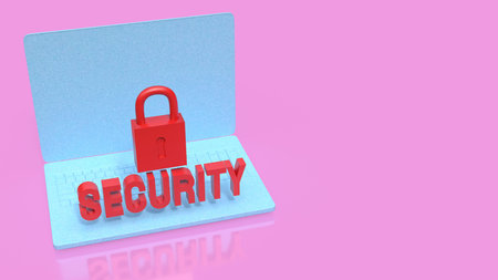 3d render of laptop with red lock icon and security text on pink background cyber security concept...