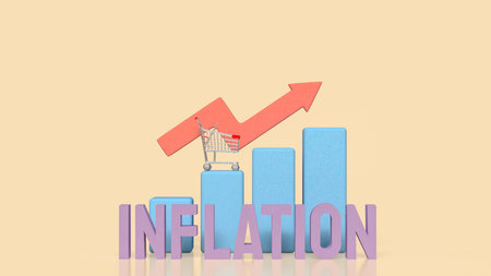3D illustration of inflation text with bar chart, shopping cart, and upward arrow symbolizing rising prices, economic growth pressure, consumer spending impact, and cost of living increase.の写真素材