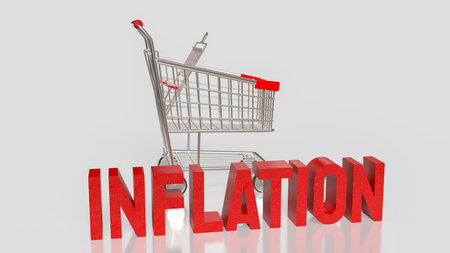 3D illustration of red inflation text with shopping cart symbolizing rising prices, economic crisis, cost of living increase, consumer spending pressure, and global financial instability.の写真素材