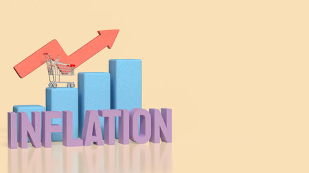 3D illustration of inflation text with bar chart, shopping cart, and upward arrow symbolizing rising prices, economic growth pressure, consumer spending impact, and cost of living increase.の写真素材