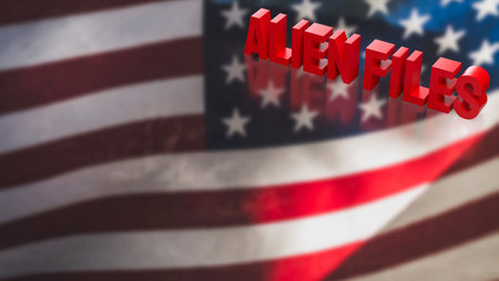 Red alien files text on blurred American flag background symbolizing government records immigration...