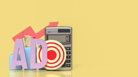 A creative concept image showing ads, calculator, target, cart, and growth arrow representing...