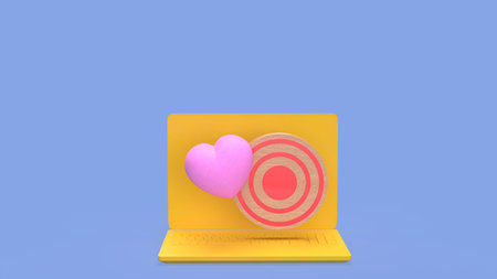 3d illustration of laptop with heart icon and target symbol representing customer targeting digital...