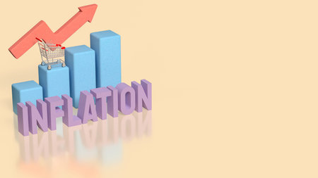 3D illustration of inflation text with bar chart, shopping cart, and upward arrow symbolizing rising prices, economic growth pressure, consumer spending impact, and cost of living increase.の写真素材