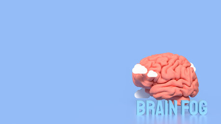 3d brain with small clouds and brain fog text representing mental fatigue confusion stress burnout...