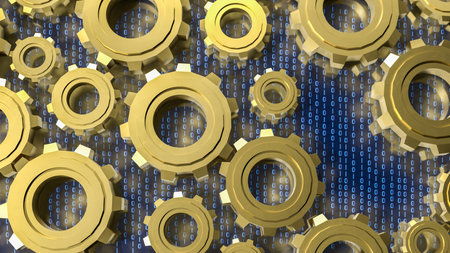 Close up golden gears over binary code background symbolizing digital transformation automation data...