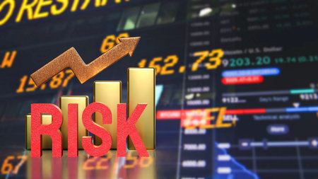 Risk text with golden bar chart and rising arrow over stock market background symbolizing investment...