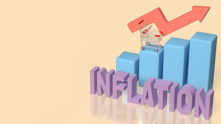 3D illustration of inflation text with bar chart, shopping cart, and upward arrow symbolizing rising...