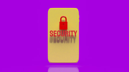 3d render of smartphone with red lock icon and security text on purple background cyber security...