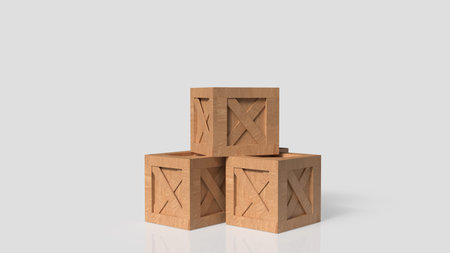 Stacked wooden shipping crates isolated on gray background. Logistics and warehouse concept for cargo transport, storage solutions, delivery service, and industrial packaging with copy space.の写真素材