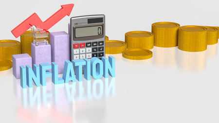 3D illustration of inflation text with calculator, coins, bar chart, shopping cart, and upward arrow representing rising prices, economic pressure, financial planning challenges, and consumer spending impact.の写真素材