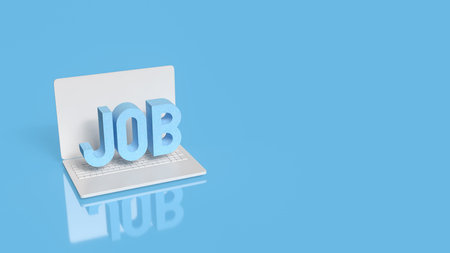 3D illustration of job text on laptop screen representing online job search, digital recruitment,...