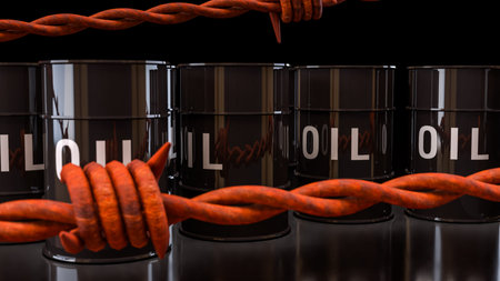 Oil barrels in front of stock market trading screen representing global energy industry crude oil...