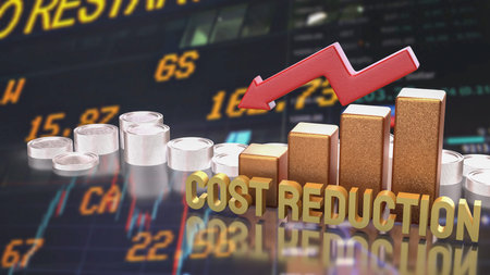 Cost reduction concept with red downward arrow, bar chart, and coins on financial market background. Business finance idea for expense control, budgeting, and profit management.の写真素材