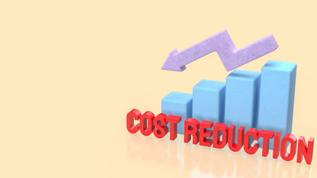 Cost reduction text with downward arrow and bar chart on neutral background. Business finance...