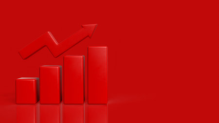 Red financial bar chart with upward arrow representing business growth profit increase economic...