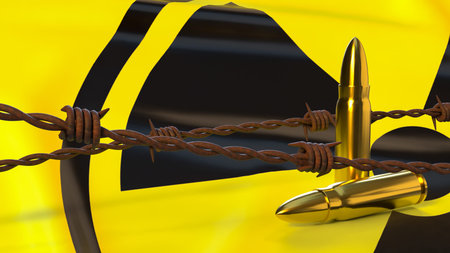 gold bullets behind rusty barbed wire with radioactive warning symbol representing nuclear threat...