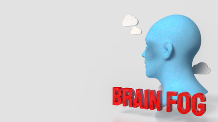3d human head with small clouds symbolizing mental fatigue, stress, confusion, cognitive decline,...